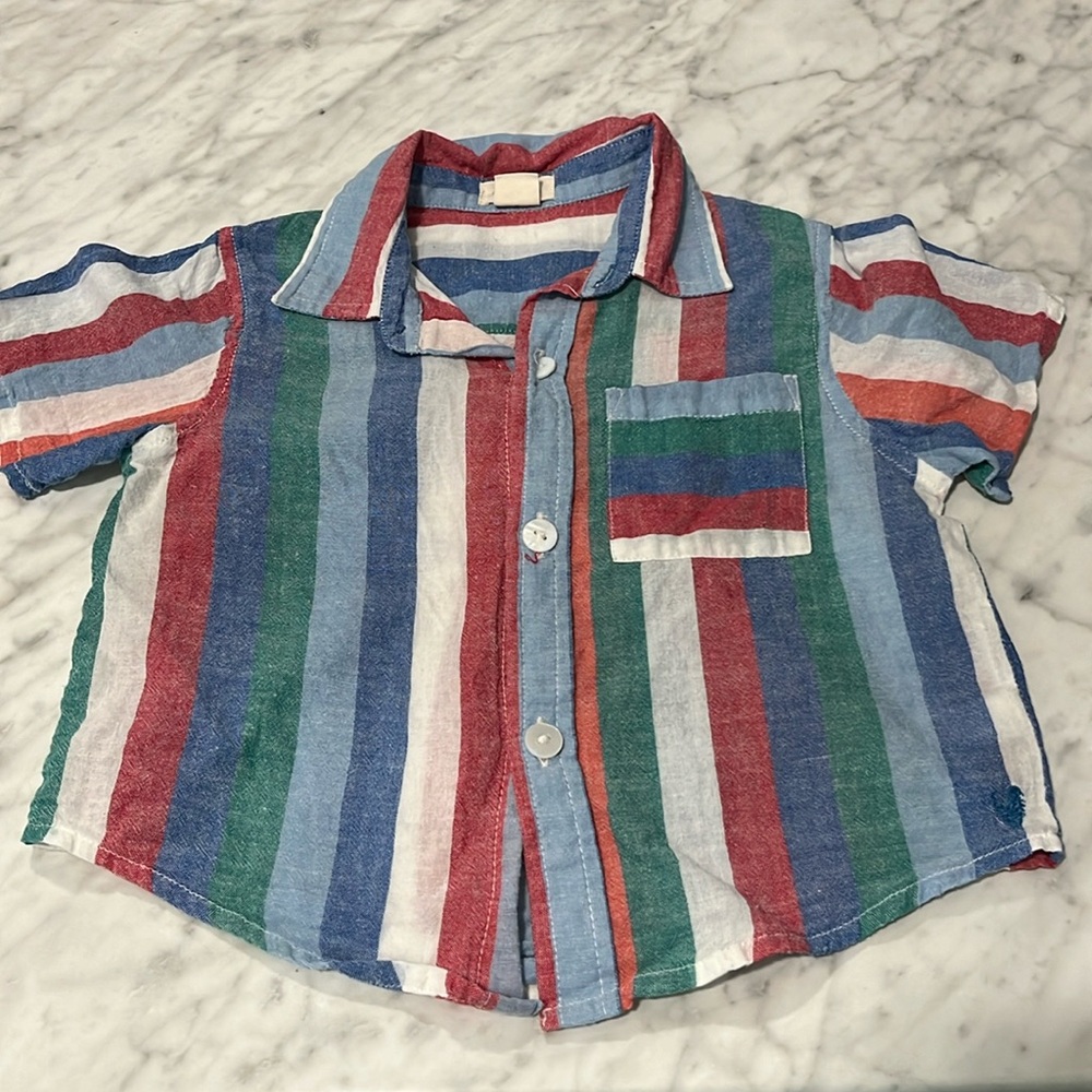 Pink Chicken/Blue Rooster button Shirt striped 18/24